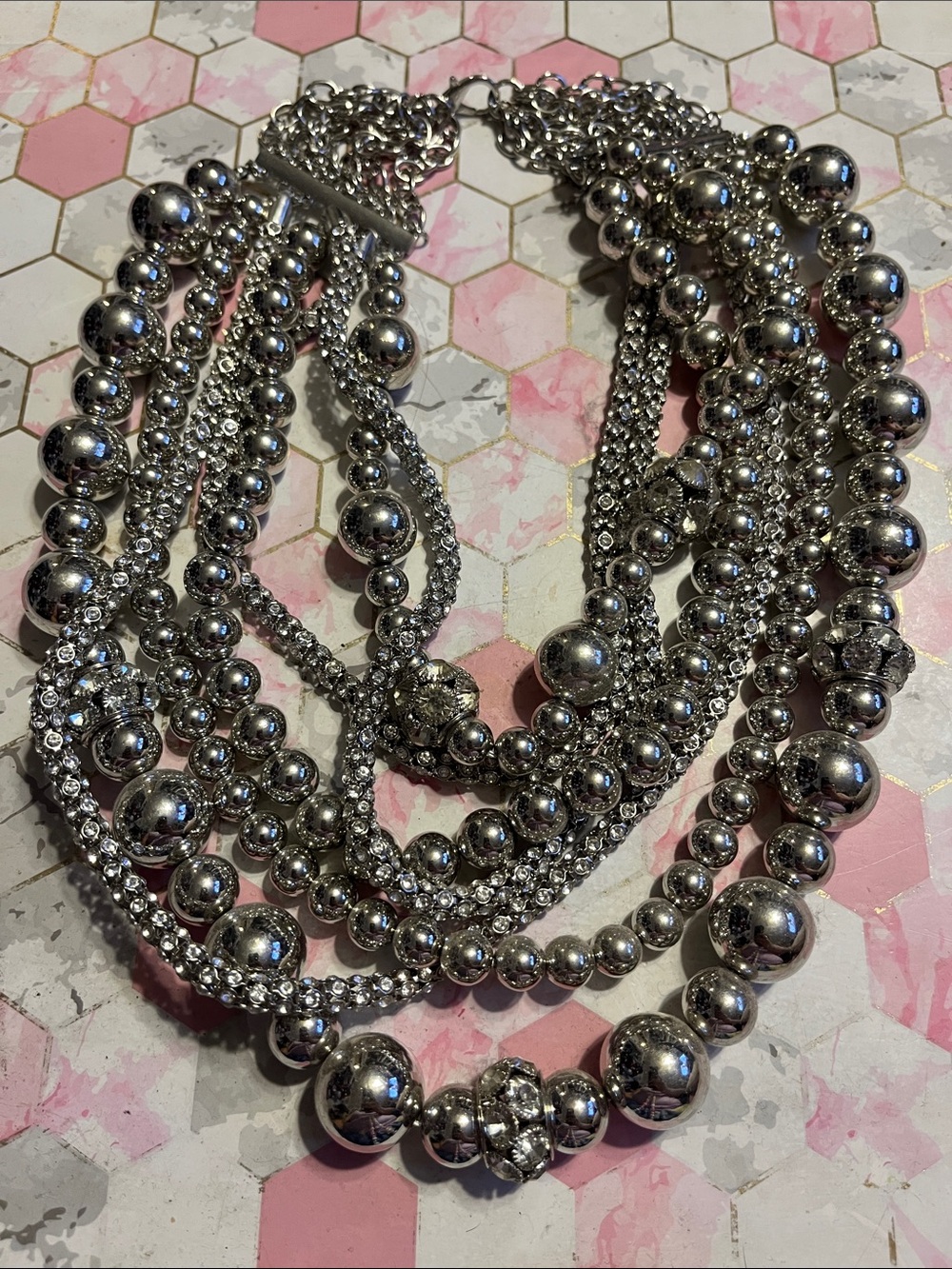 paparazzi Silver Multi-Strand Beaded & Rhinestone Necklace